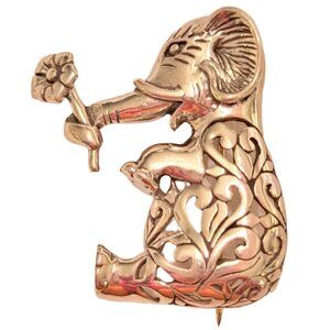 Jezlaine Sterling Silver Scrolled Elephant With Flower Pin Brooch, Signed